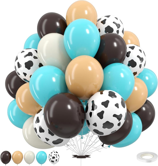 Cow Print Balloons,12Inch Teal Blue Brown Sand White Cow Latex Balloons for Girls Boys Baby Shower Party Farm Western Cowboy Party Decorations Supplies