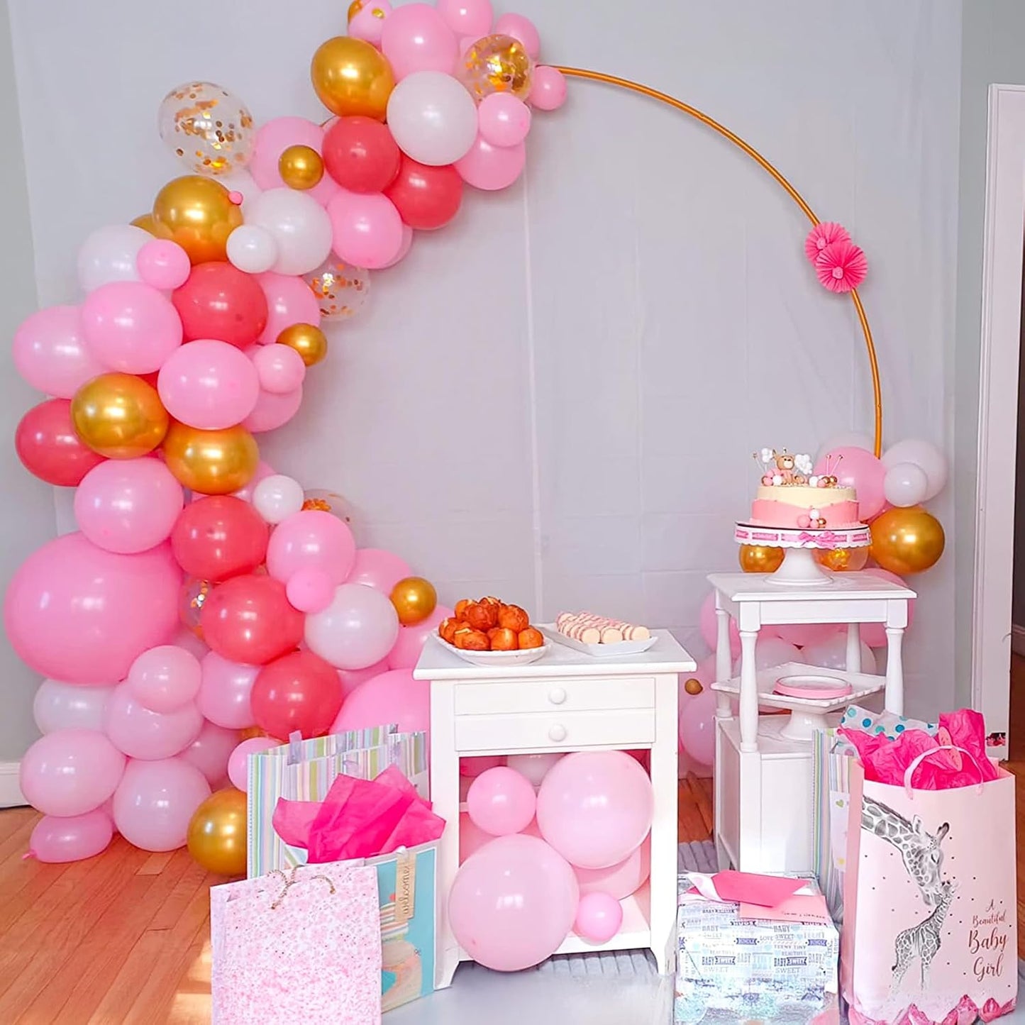 Pink Gold Balloons Set, 12 Inch Pink White Latex Balloons Pink Confetti Helium Balloons Pink and Metallic Gold Party Balloons for Bridal Baby Shower Wedding Girl Women Birthday Decorations