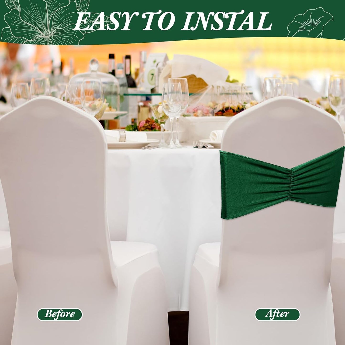 Moukeren 100 Pcs Spandex Chair Sashes Bows Bands Slider Sashes for Chair Covers Elastic Bands Ties Ribbon Decorations for Wedding Party Events Ceremony Birthday Banquet (Dark Green)