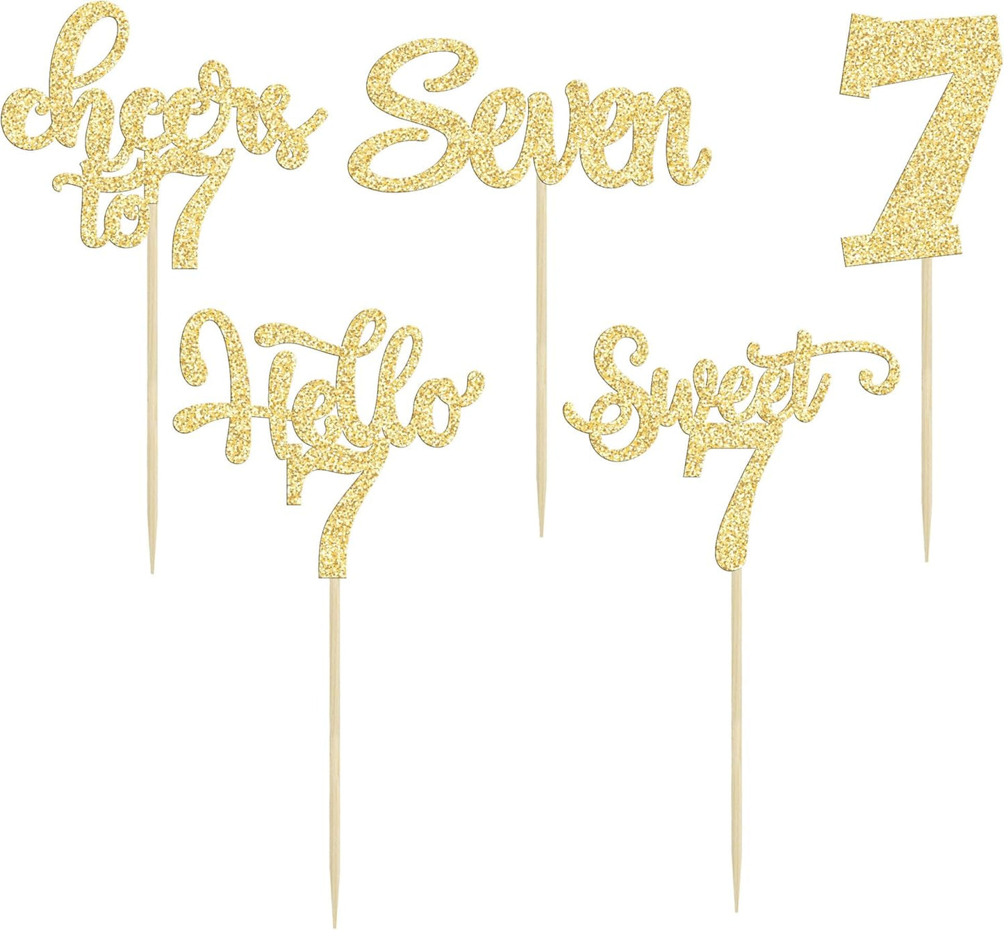 30Pcs 7th Birthday Cupcake Toppers Glitter Seven Happy 7 Cupcake Picks Cheers to 7 Years Old Cake Decorations for 7th Birthday Party Supplies Gold