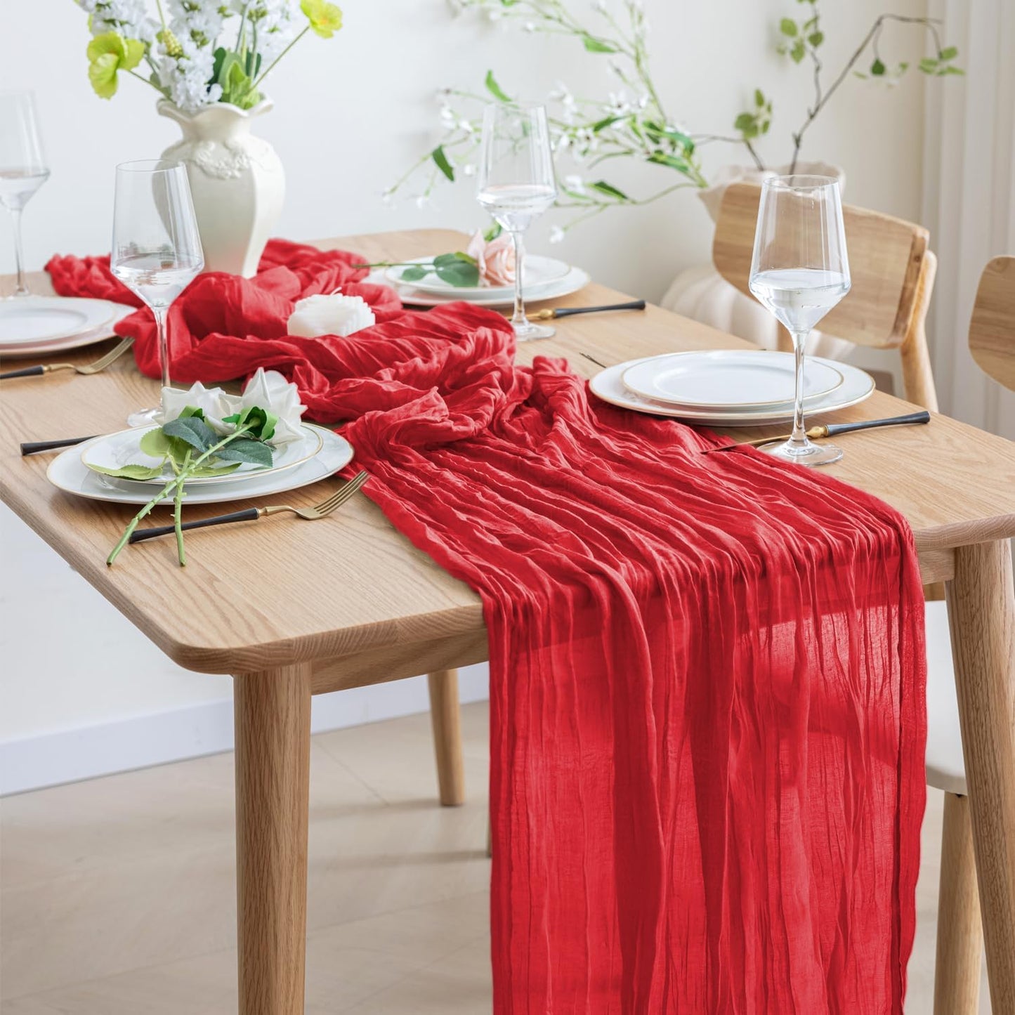 Asee'm 6PCS Fall Table Runner Cheesecloth 10FT Red Boho Gauze Fabric Rustic Sheer Cheese Cloth Runners for Thanksgiving Christmas Wedding Bridal Shower Party