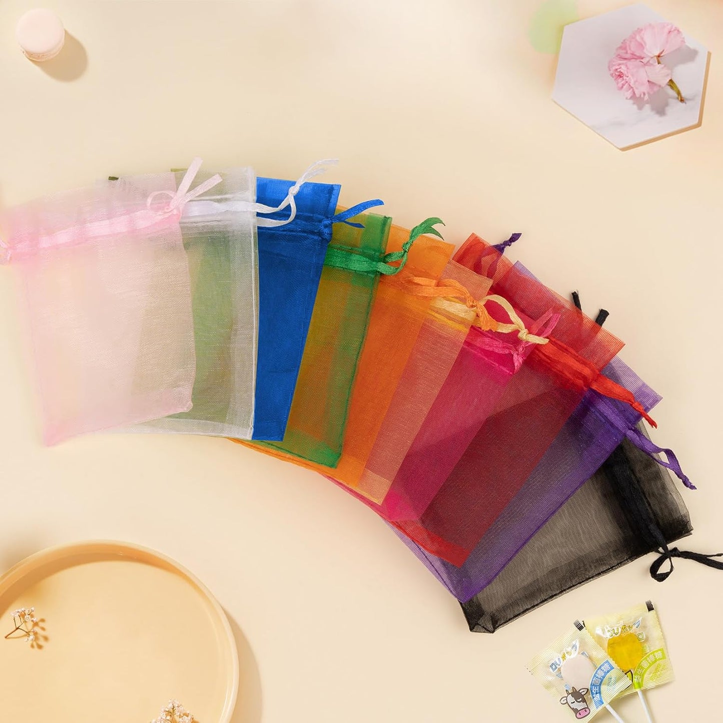 Organza Bags 5x7 Inch 50 Packs Mesh Gift Bags Drawstring Sachet Bags for Party Favor Wedding Baby Shower(Gold)