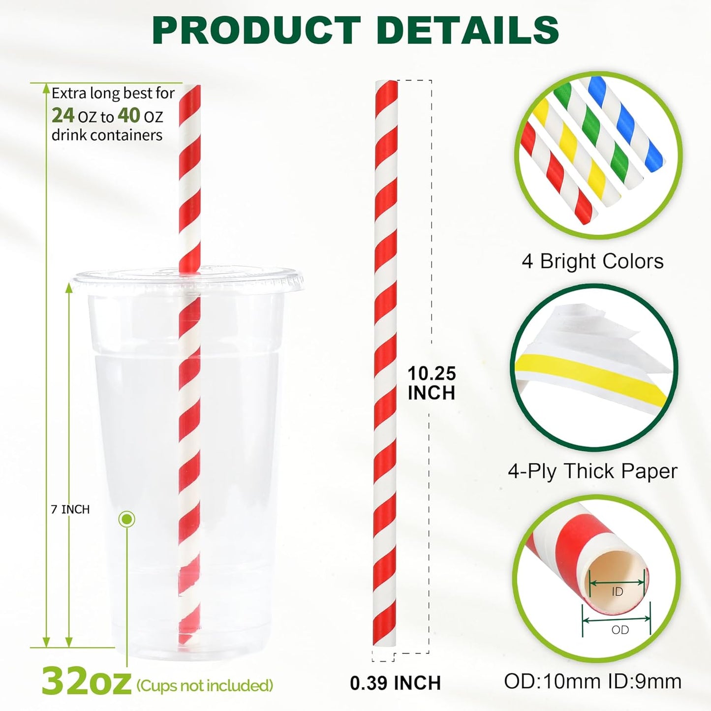 [10MM Wide] 10.25 Inch Extra Long Fat Sturdy Paper Drinking Straws for Smoothies, Milkshakes, Thick Frozen Drinks - 100 Counts, Colorful Stripes - Biodegradable