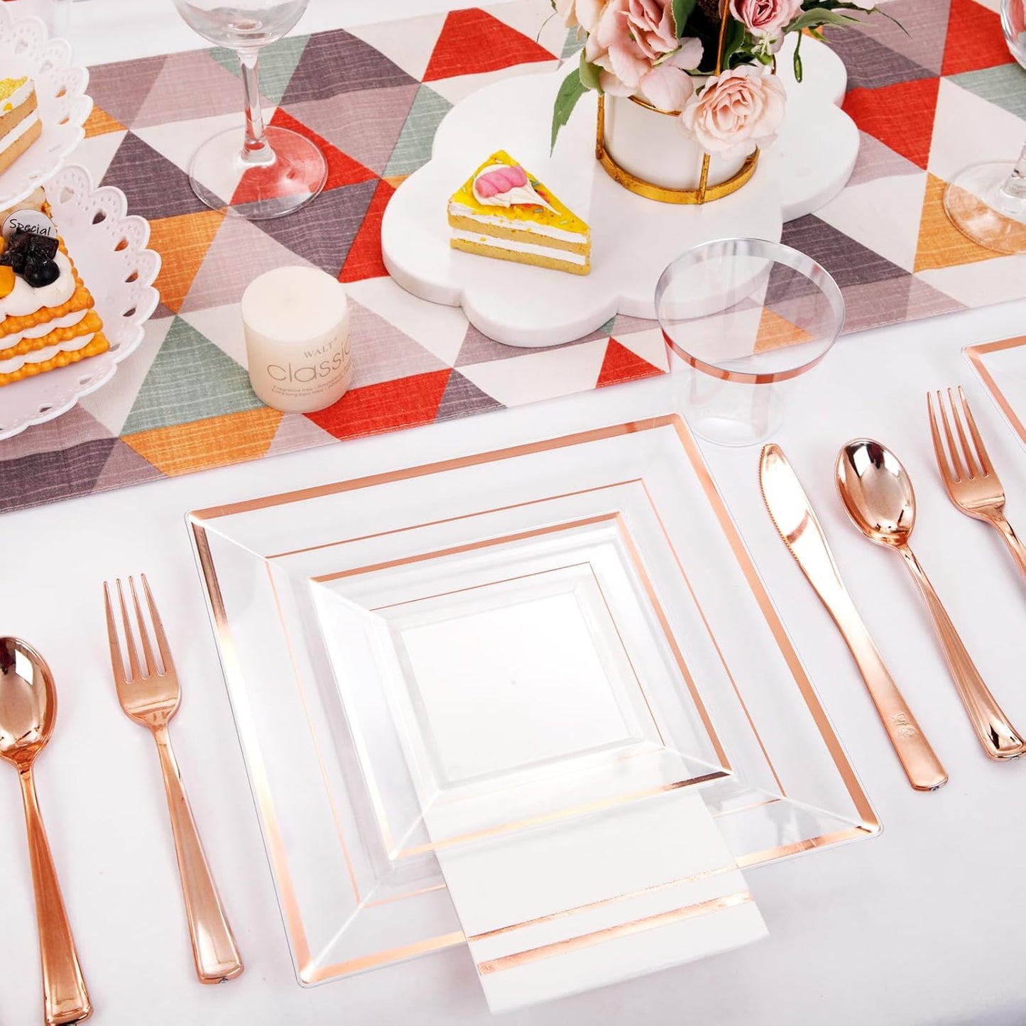 Festiva 350Pcs Rose Gold Plastic Plates - Clear Rose Gold Disposable Dinnerware Sets for 50Guests include 100 Plates 50 Cups 50Plastic Cutlery 50Napkins Perfect for Party&Wedding&Mother's Day