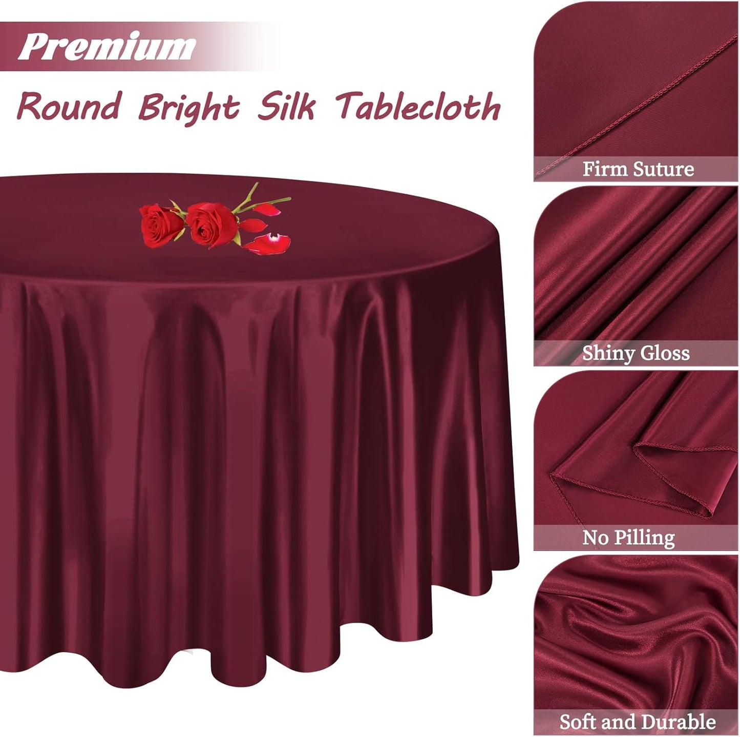 12 Pack 108 Inch Burgundy Satin Tablecloth - Silky Round Tablecloth Overlay Smooth Fabric Table Cover, Bright Table Decoration for Wedding Party Banquet Events Restaurant Kitchen Dining