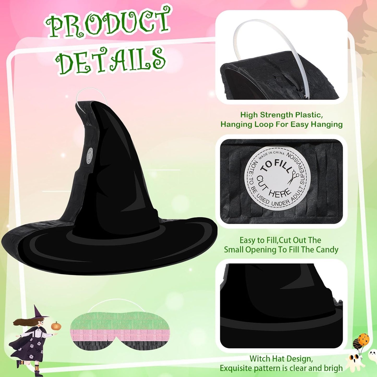 Kasyat Witch Hat Piñata Party Game Set Halloween Theme Piñata with Bat Stick Blindfold Pink Green and Black Party Decor for Halloween Birthday Baby Shower Game Supplies Decor (Witch Hat)