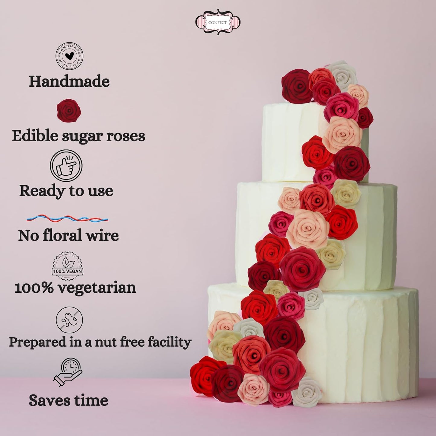 Confect Edible Rose Toppers – Pack of 12 Edible Roses for Cake, Cupcake & Doughnut Decorating – Elegant Ombre Floral Toppers for Desserts-Vegan, Dairy-Free, Palm Oil-Free - Pack of 12
