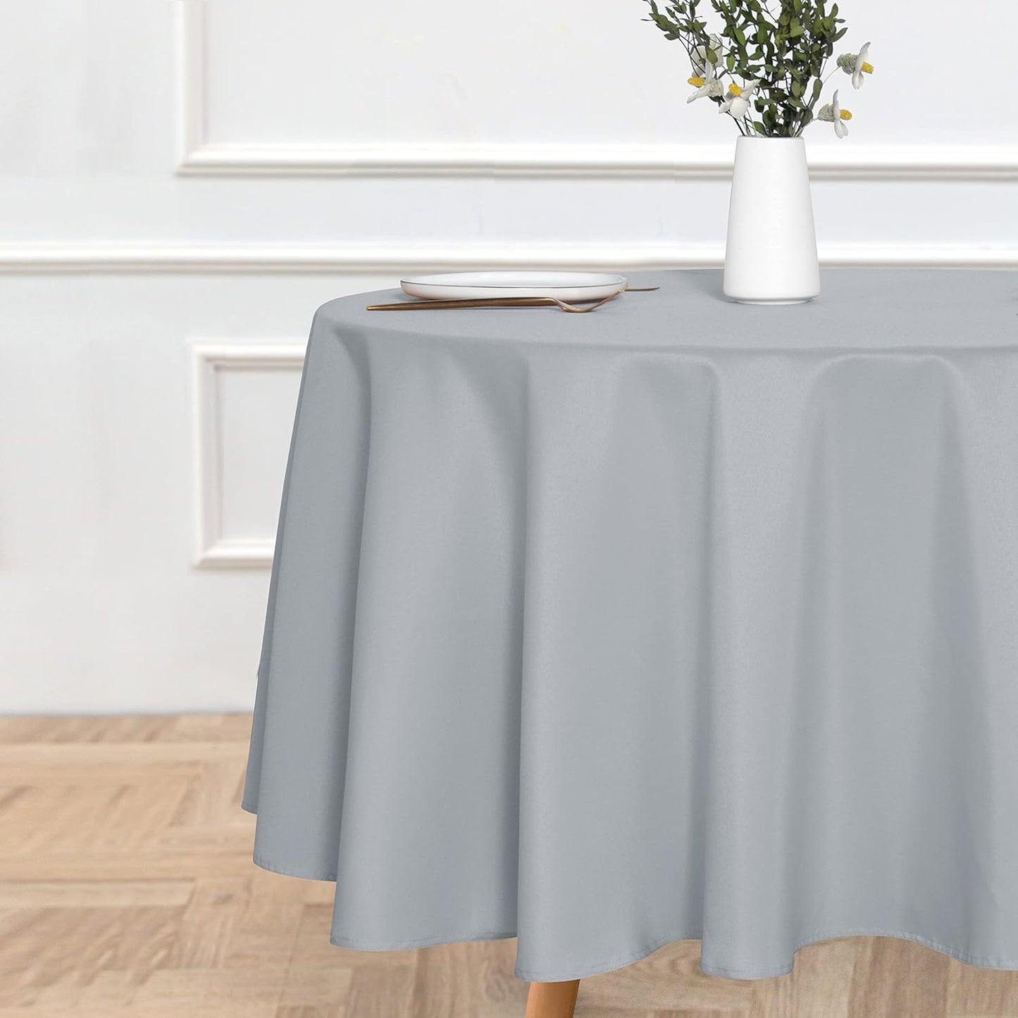 sancua Round Tablecloth - 90 Inch - Water Resistant Spill Proof Washable Polyester Table Cloth Decorative Fabric Table Cover for Dining Tables, Buffet Parties and Camping, Silver Grey