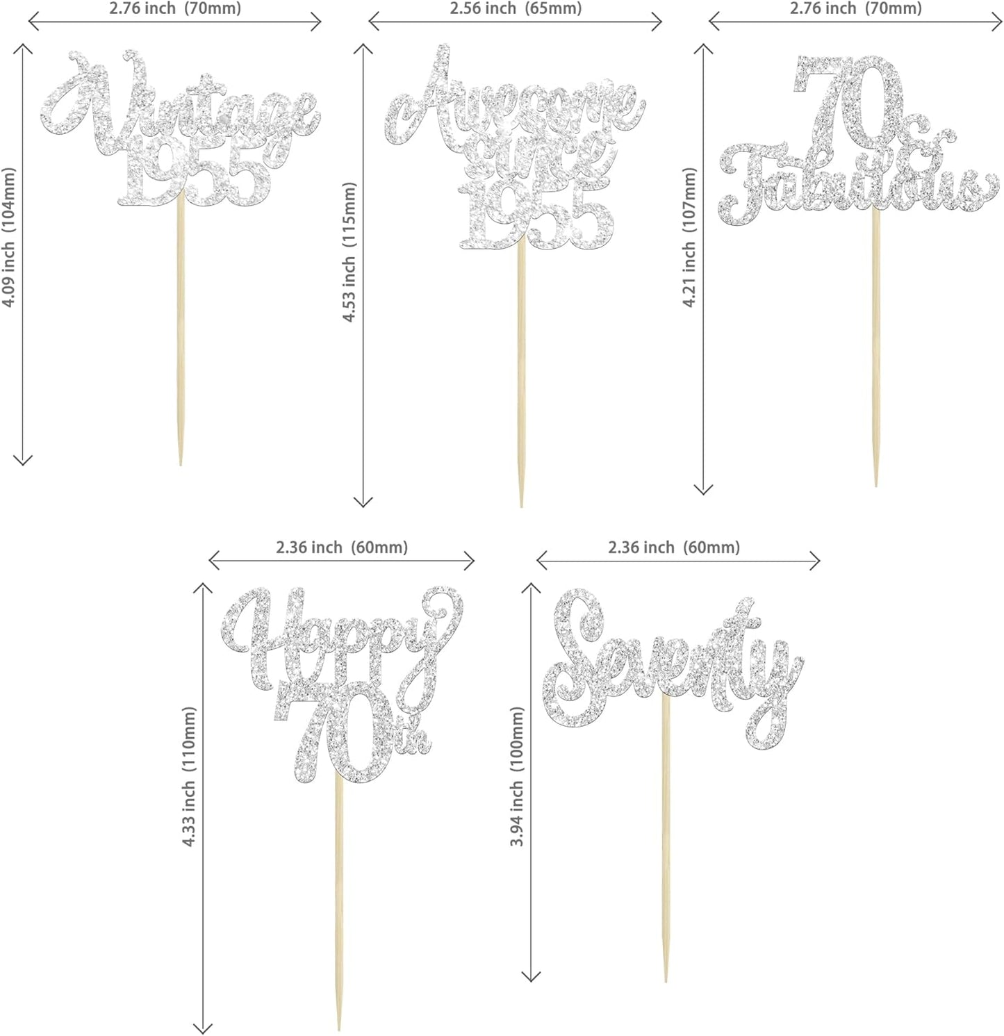 30Pcs Happy 70th Birthday Cupcake Toppers Glitter Seventy Vintage 1955 Cupcake Picks Cheers to 70 Fabulous Cake Decorations for 70th Birthday Wedding Anniversary Party Supplies Silver