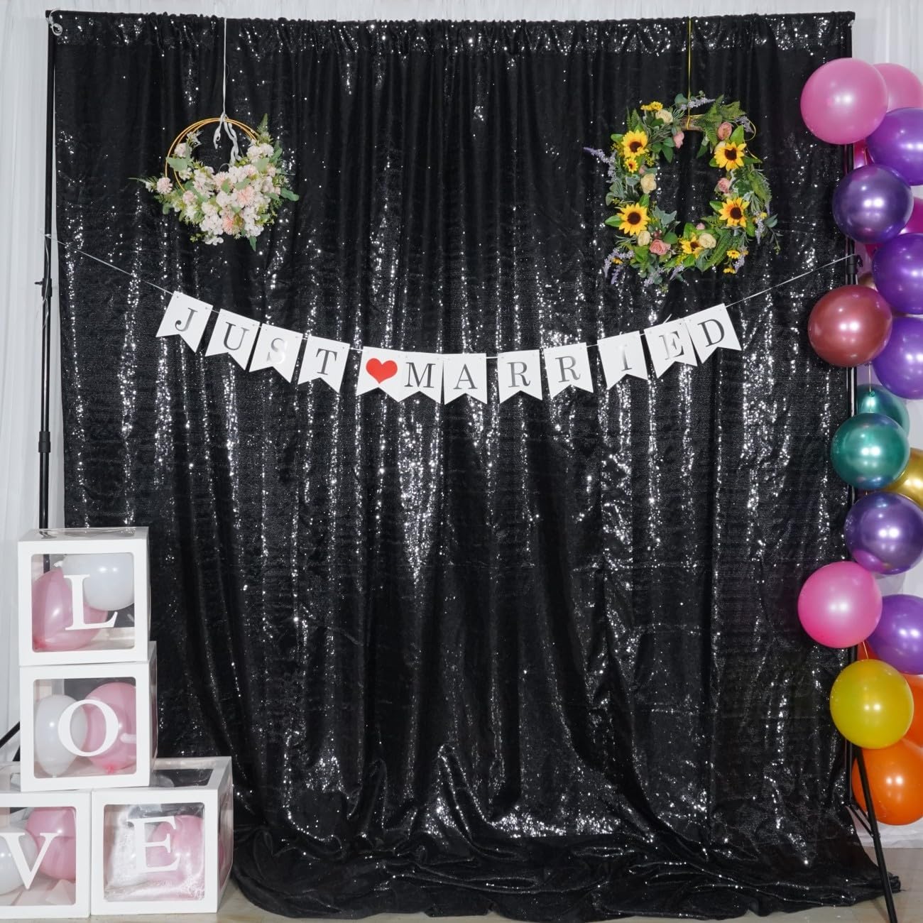 Poise3EHome 10Ft x 10Ft Black Sequin Backdrop Curtain, Glitter Thick Satin Background Drapes, Sparkly Opaque Photography Curtain, Sequence Xmas Thanksgiving Backdrop for Wedding Party Decor