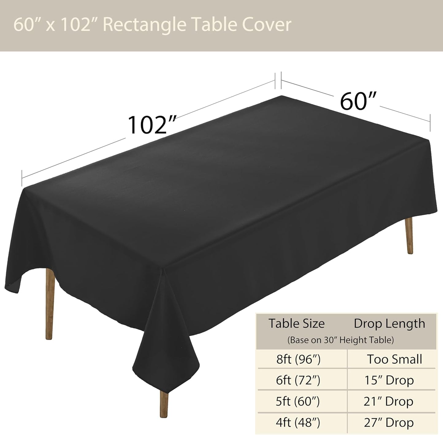 Craft And Party Rectangle Tablecloth, 60 x 102 Inch Black, 6ft Washable Polyester Tablecloth for Home, Party, Wedding or Restaurant