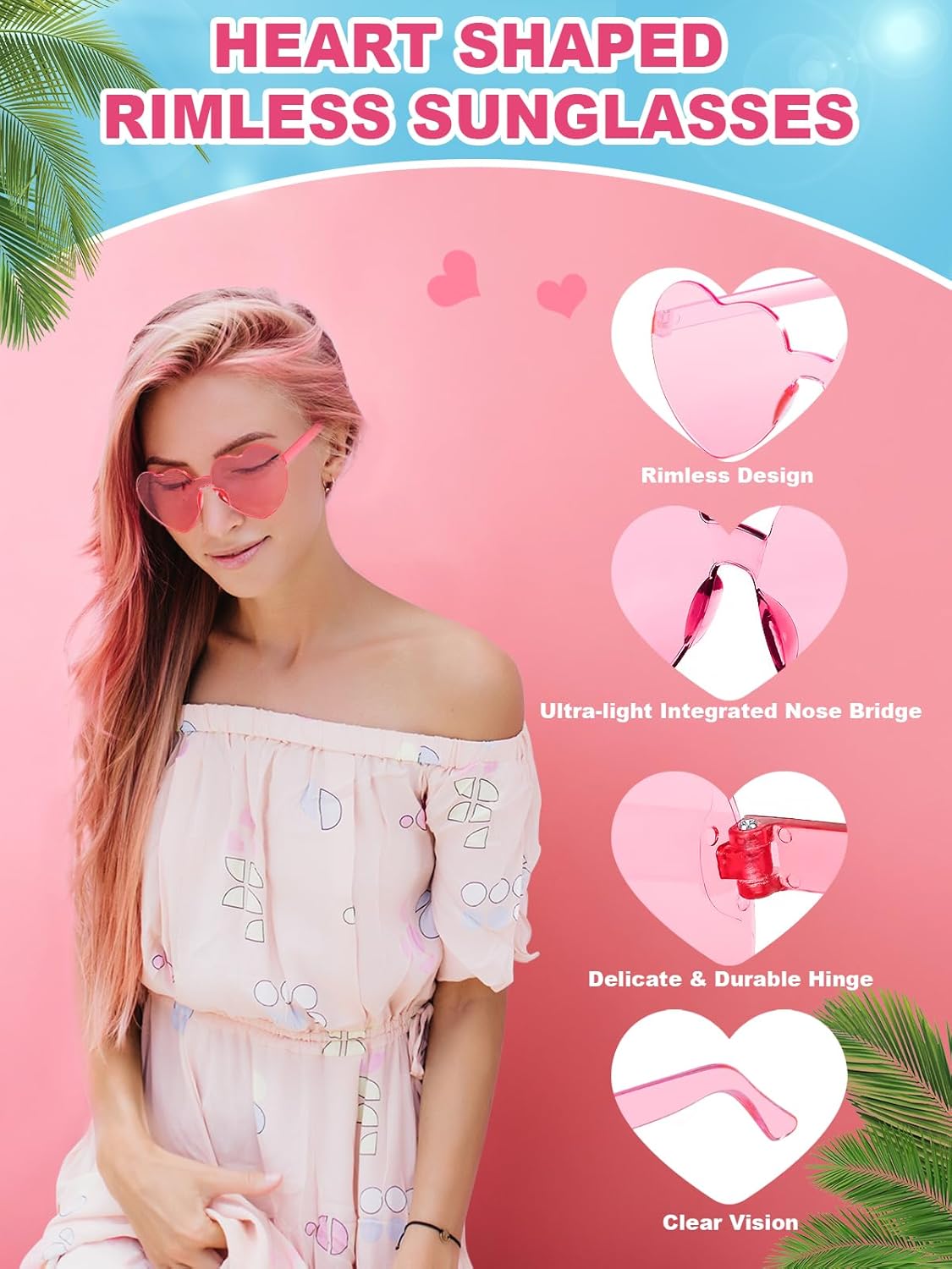 12 Pairs Heart Shaped Sunglasses for Women Colorful Glasses Fun Trendy Transparent Heart Sunglasses Party Favor (Multiple Pink)