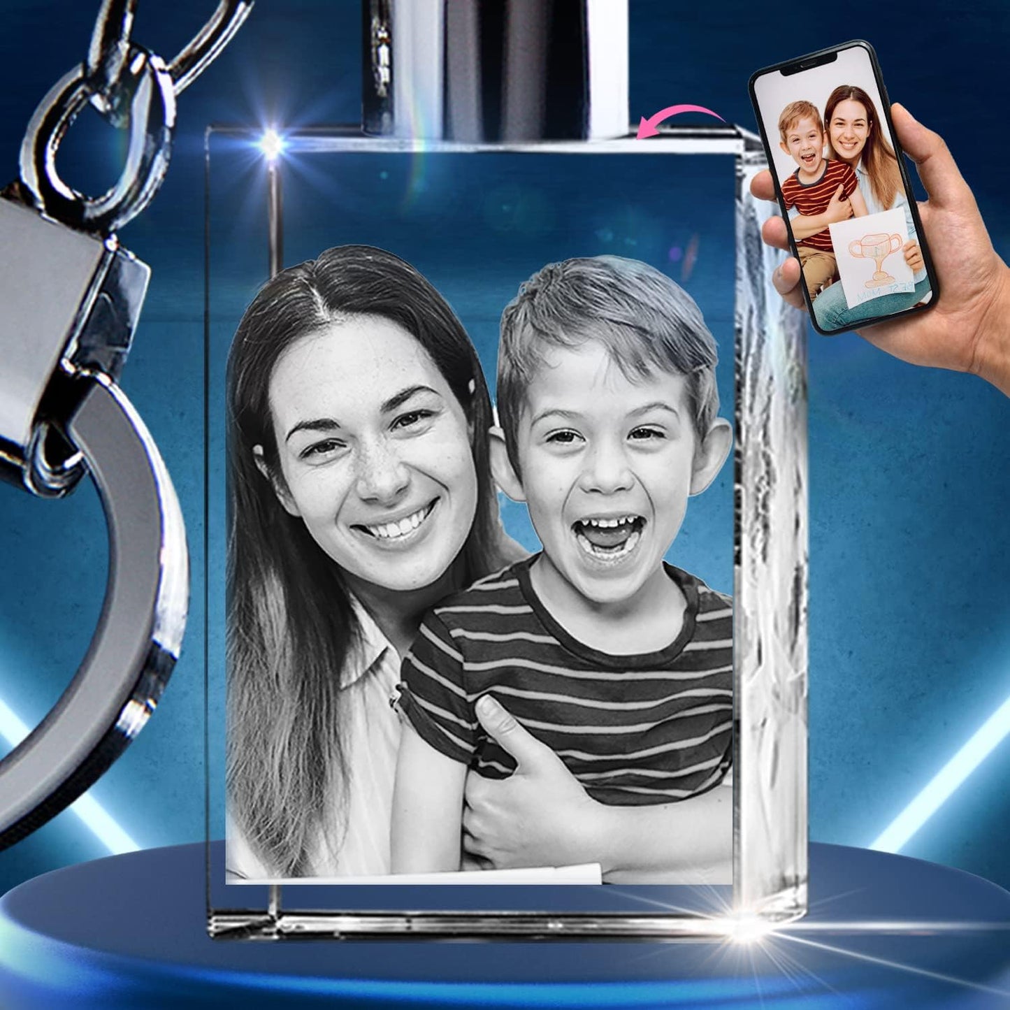 3D innovation Personalized Crystal Keychain Photo with LED Light Custom Laser Etched Key Chain, Valentines Gifts Keepsake