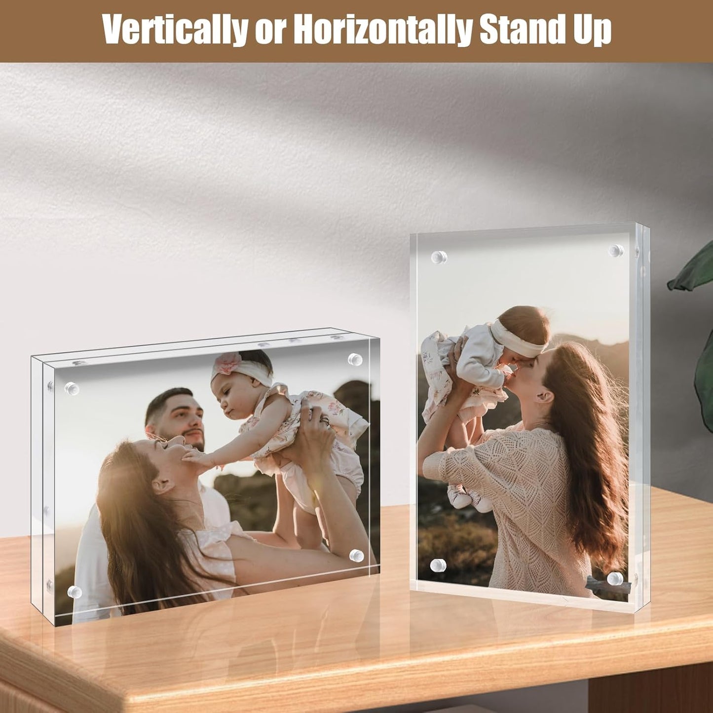 Egofine 4x4 Acrylic Frames 5 Pack, 20mm Thicker Frameless Clear Picture Frames, Double Sided Magnetic Picture Frames, Free Standing Desktop Display