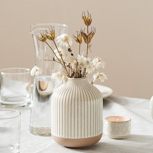 Boho Farmhouse Small Ceramic Vase for Pampas Grass & Flowers - 5.3 Inch Rustic White Vase, Centerpiece for Eucalyptus, Tiny Stems & Bouquets with Embossed Lines