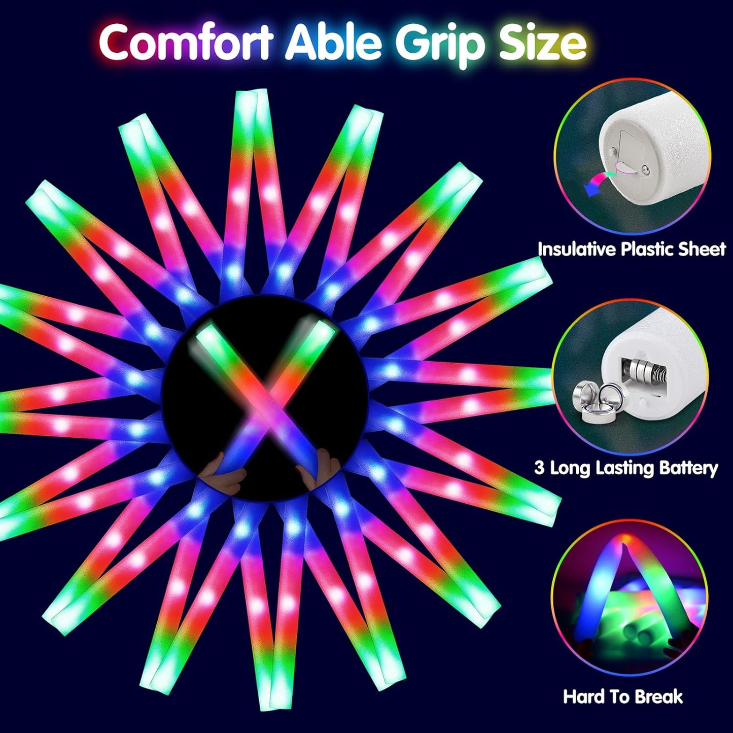 66 PCS Foam Glow Sticks, Glow In The Dark Party Supplies, Foam Light up Sticks with 3 Modes Colorful Flashing, Glow Party Supplies, Foam Glow Sticks Bulk for Wedding, Party, Concert, Raves, Birthday