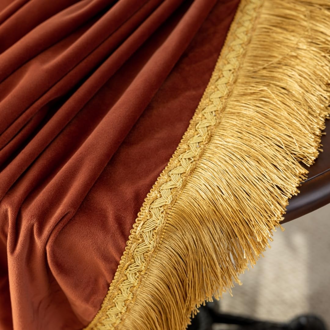 F-CHU Burnt Orange Tablecloth Thickset Velvet Tablecloth with Beautiful Gold Vintage Tassels Table Cloth for Home Decor Wedding, Party, Banquet and Events 70" Round