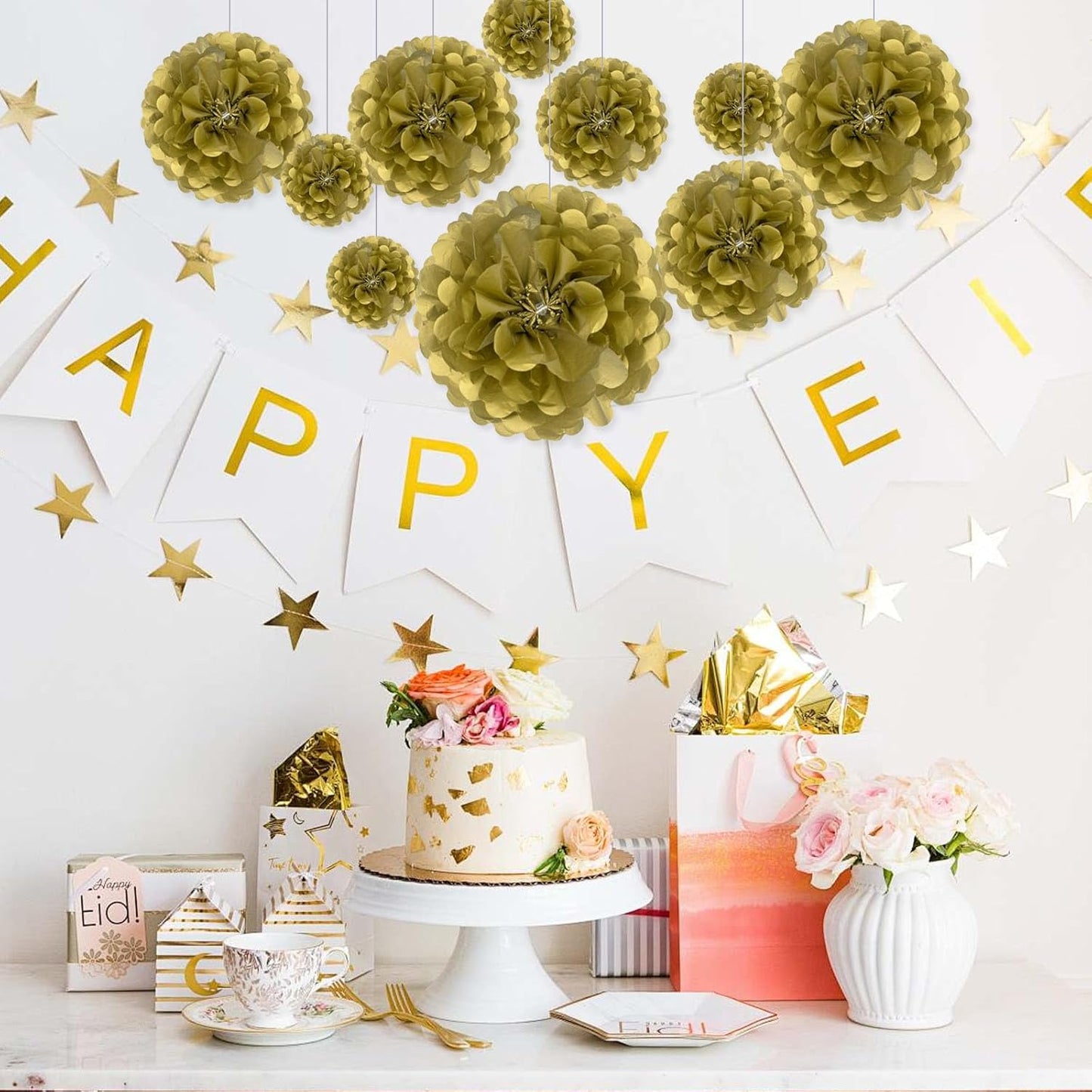 Tissue Paper Pom Poms, Gold Tissue Paper Flowers, Hanging Flower Balls for Weddings Fiesta Parties Birthday Baby Showers Classroom Bridal Shower Decoration (20Piece Set-6/10/12/14Inch)