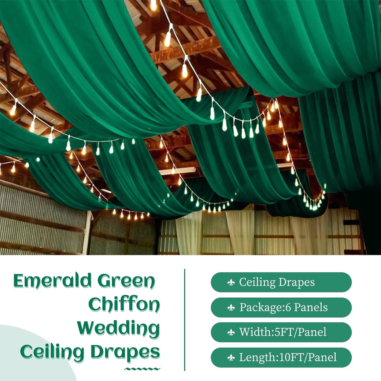 6 Panels Emerald Green Wedding Ceiling Drapes 5ftx10ft Ceiling Drapes Chiffon Fabric Arch Draping Sheer Curtains Soft Drapery Draping Wedding Ceiling Decorations for Party Ceremony Stage Swag