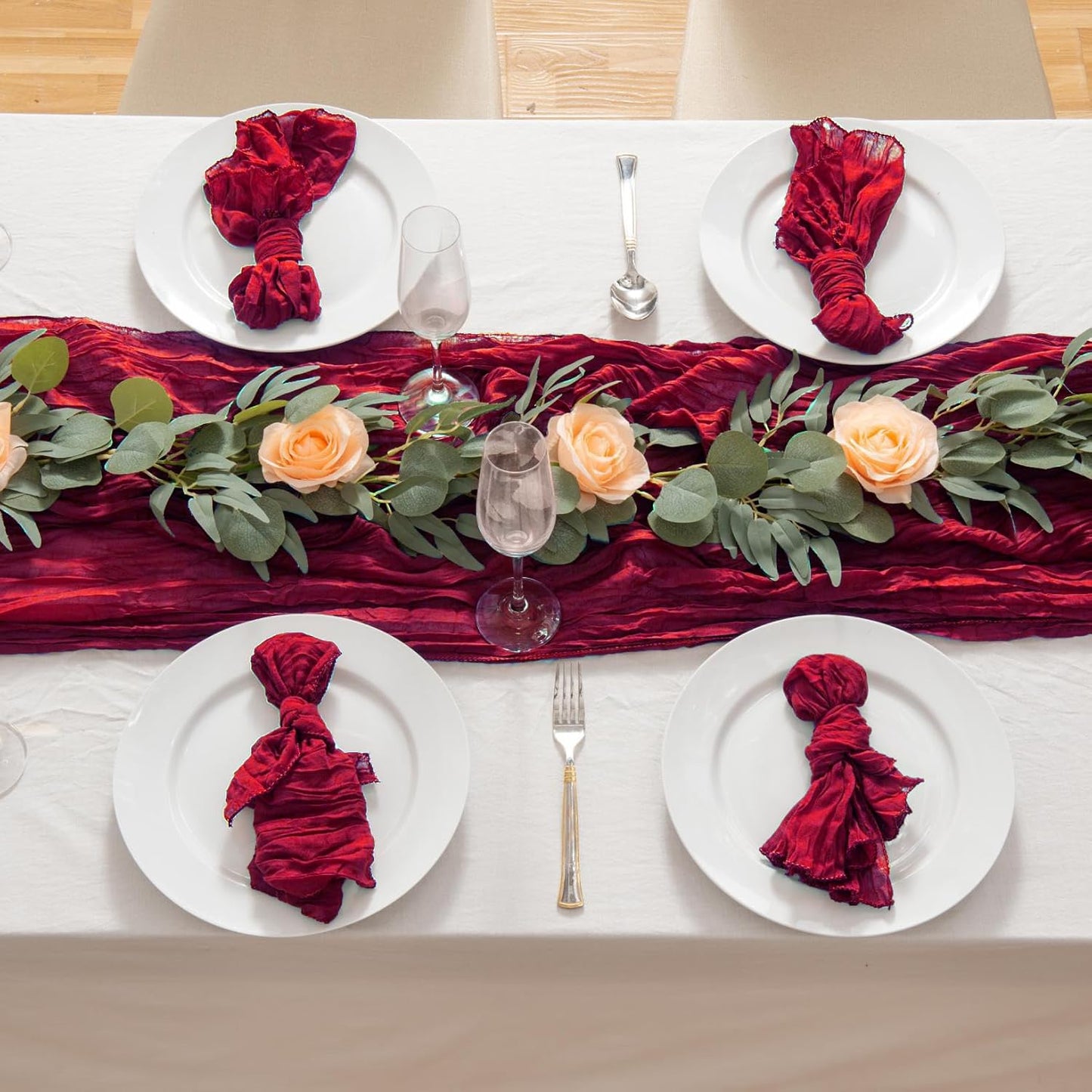 8 Pack 10Ft Table Runner 35x120 inch Burgundy Boho Gauze Table Cheese Cloth Long Wrinkled Sheer Table Runner for Wedding Bridal Shower Birthday Party Table Decor