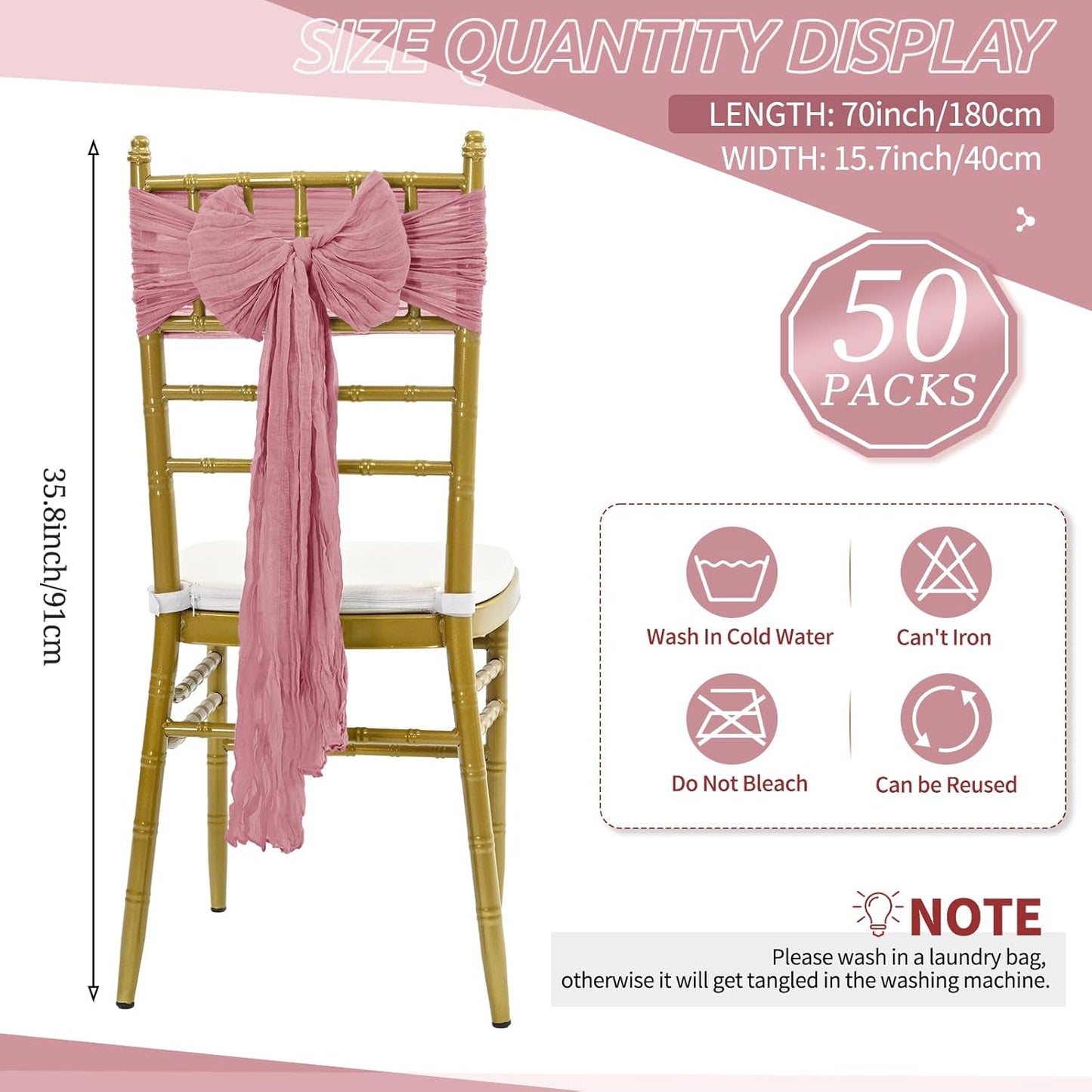 50 PCS Cheesecloth Chair Sashes Bows Wedding Aisle Decorations Chair Ribbon Ties Back Sash for Wedding Party Events Banquet Chair Cover Decoration (Dusty Rose)