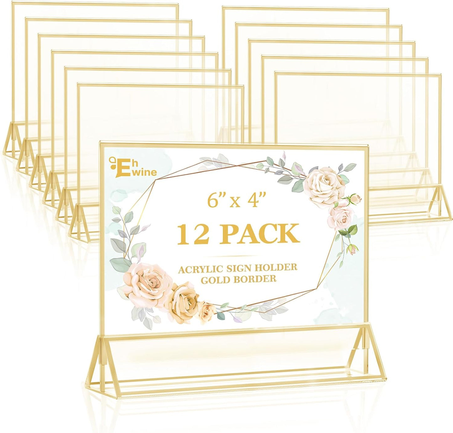 EHWINE 12 Pack Acrylic Sign Holder 4 x 6 Horizontal, Double-Sided Stand up Table Top Sign Holders, Gold Acrylic Picture Frame Menu Flyer Paper Holder Display Stand for Office Business Store Wedding Party