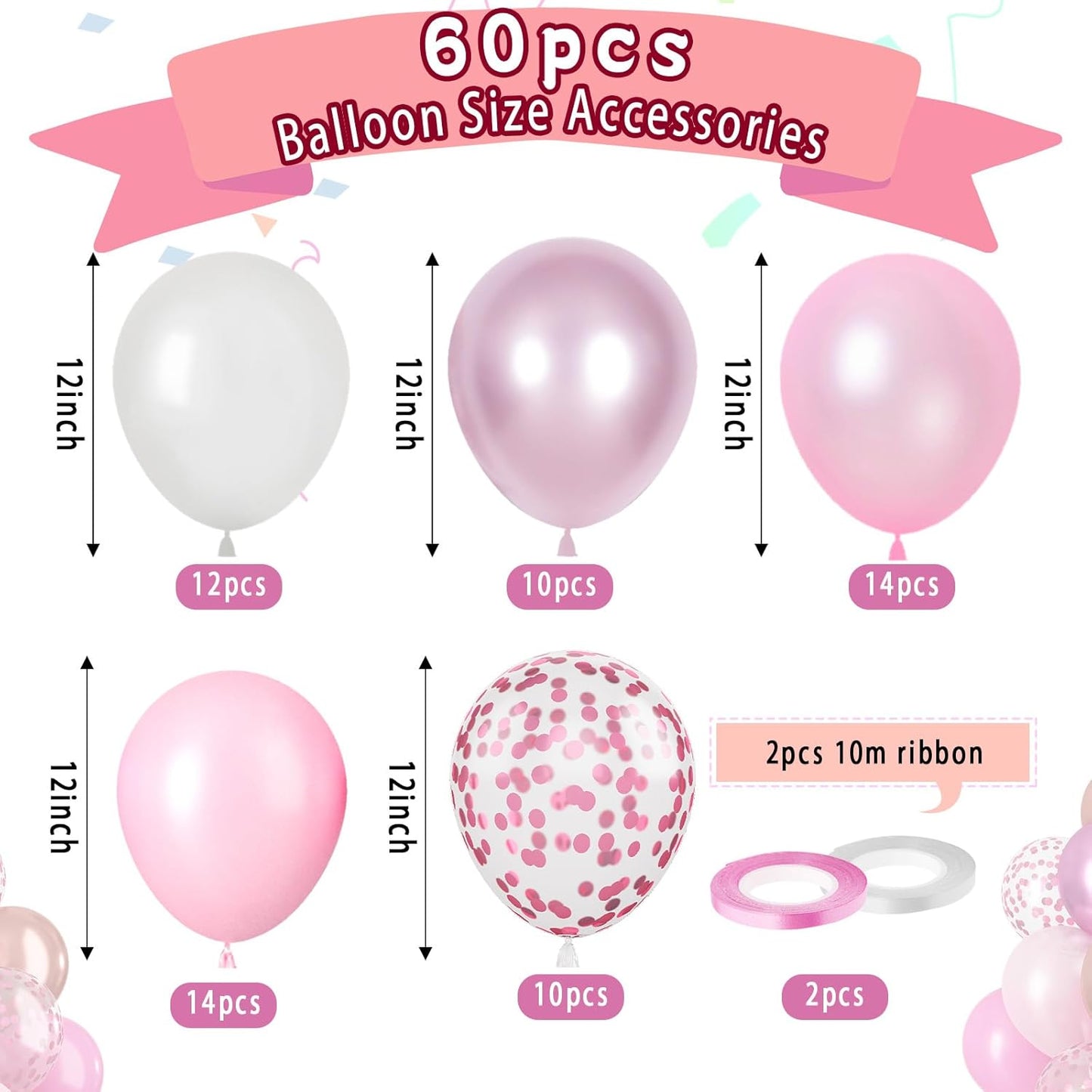 Paready Pink Balloons Set, 60 Pcs 12 Inch Pearl Balloons Metallic Macaron Pink Balloon, Pink Confetti Party Balloon for Girl Women Birthday Wedding Baby Shower Bridal Shower Decorations