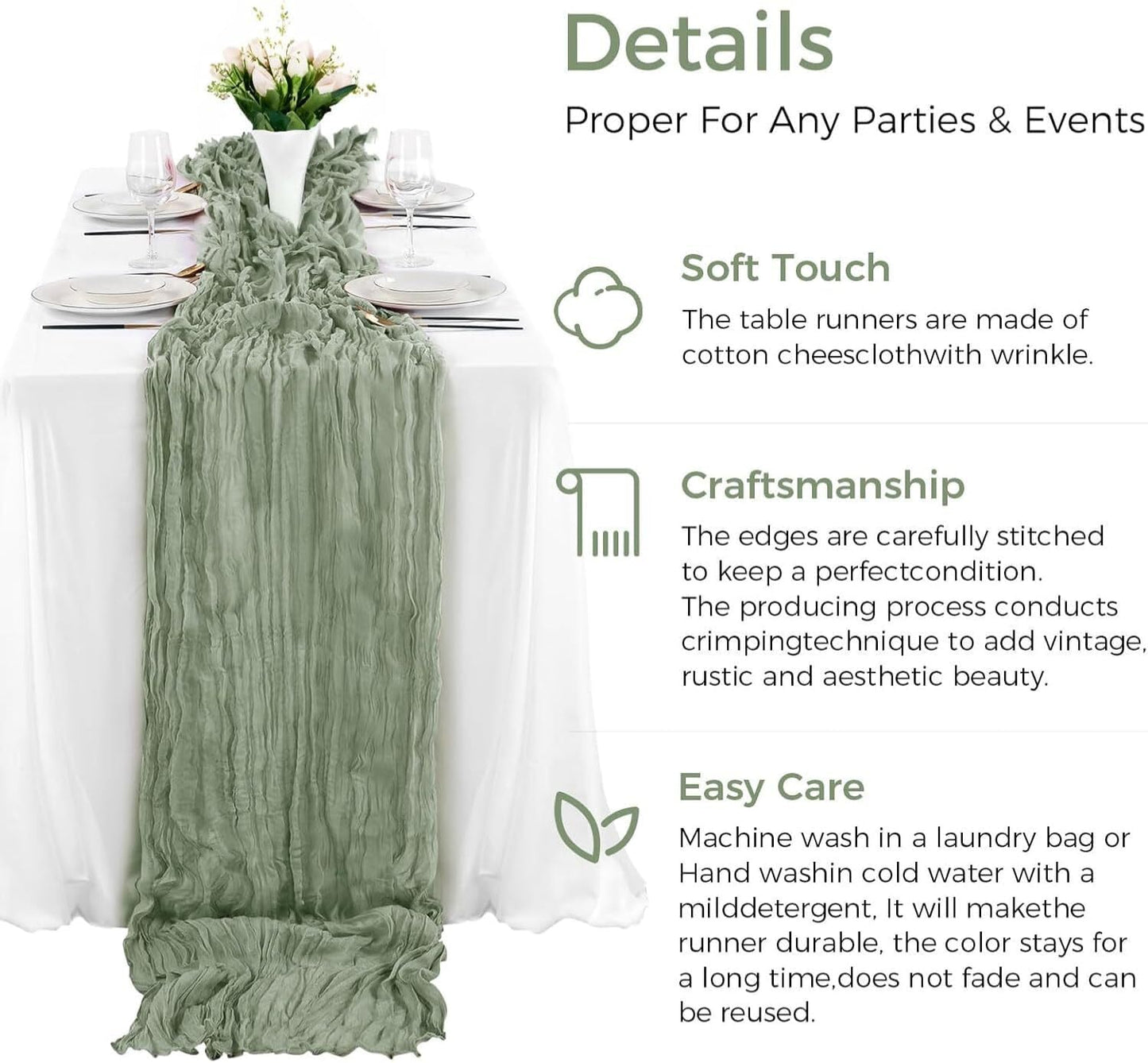 12Pcs Sage Green Cheesecloth Table Runner 120 Inch Green Cheesecloth Table Runner10FT Sage Table Runner Boho CheeseClothTable Runner forWedding Party Baby Shower Birthday Home Decor HolidayDecorations