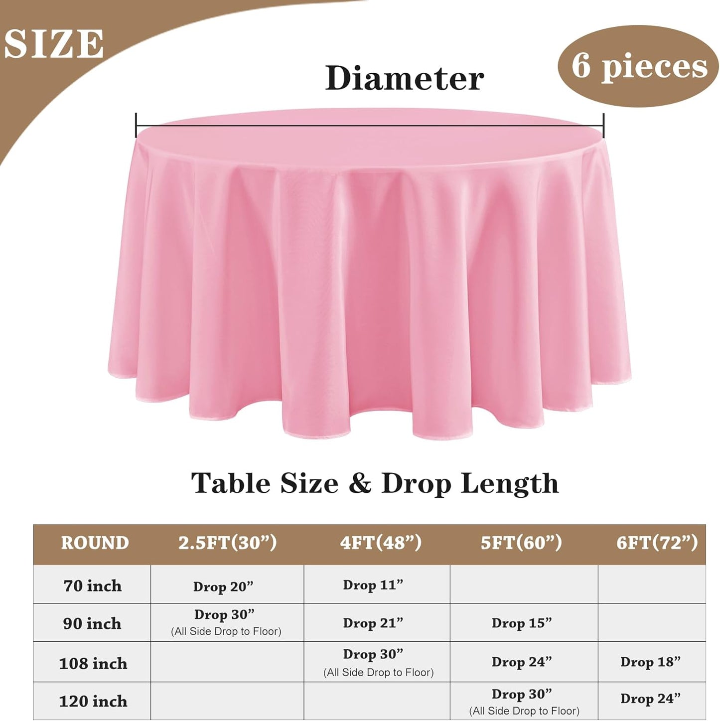 Fitable 6 Pack Pink Round Tablecloths - 120 Inches in Diameter - Stain Resistant and Washable Table Clothes, Polyester Fabric Table Covers for Wedding, Party, Banquet, Formal Events