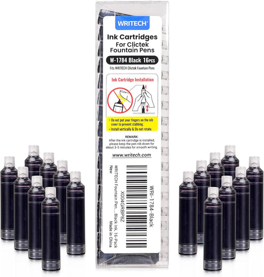 WRITECH Black Ink Cartridge Set: 16 Ink Cartridges Clictek Fountain Pens