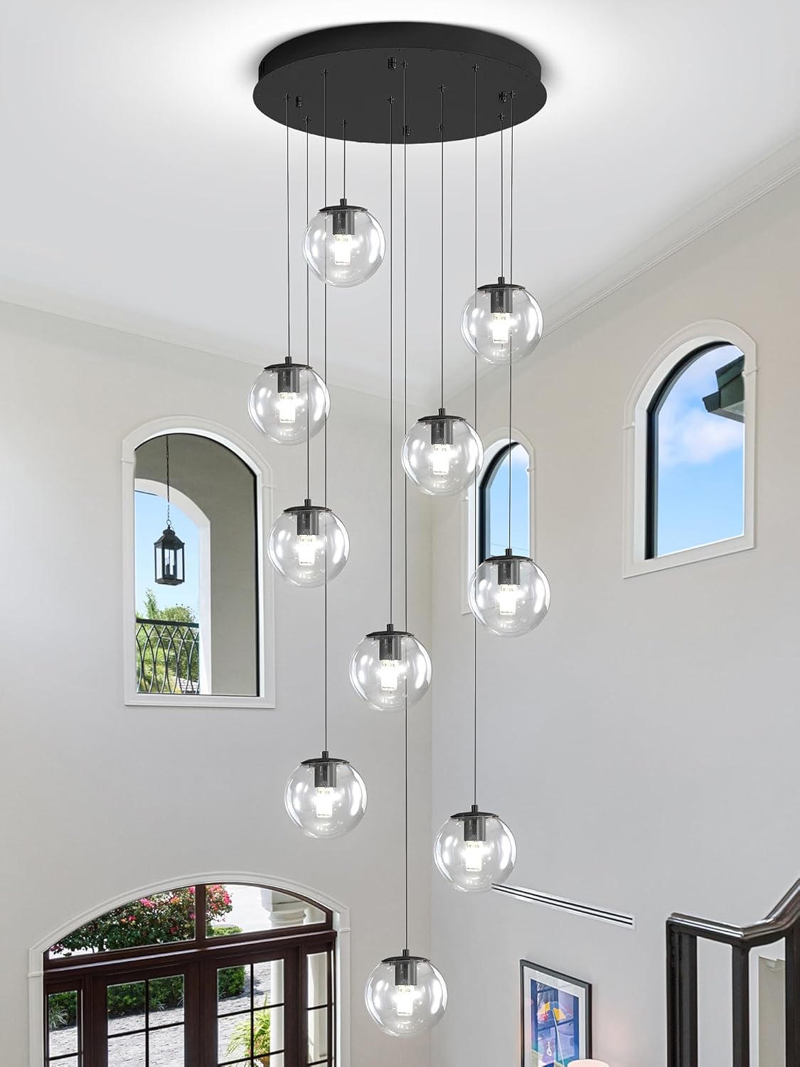 Modern Globe Chandelier H118 Staircase Chandelier for Entryway 12-Lights Glass Globe Pendant Light Large Chandeliers for High Ceiling Foyer Stairwell