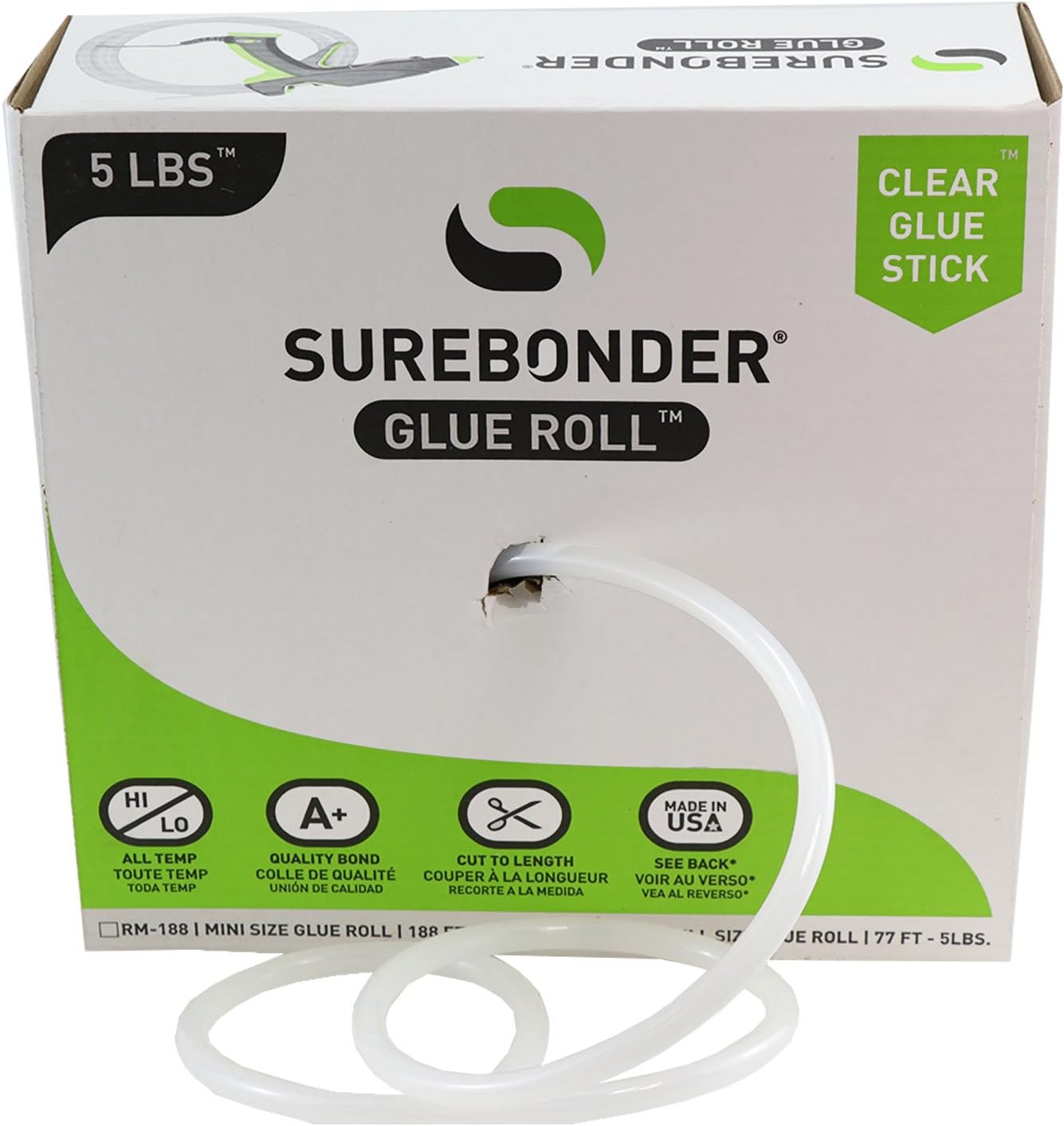 Surebonder RR-77 Full Size 77 ft. Clear All Temperature Hot Glue Stick Roll/Rope for Continuous Gluing, 7/16" x 77' - 5 lb Box