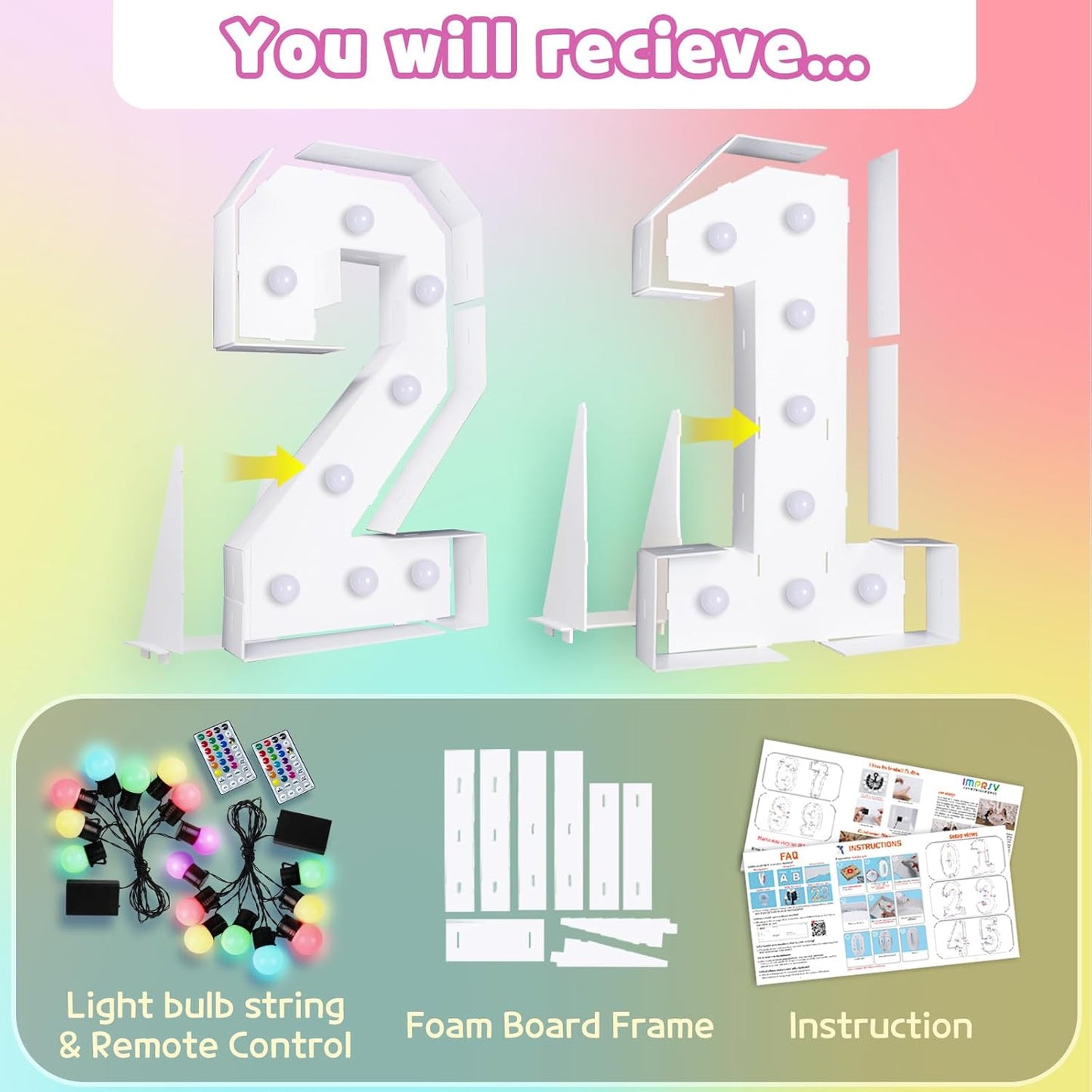 Marquee Numbers 21st-Birthday Decoration: Colorful 3FT Large Light Up 21 Year Old Birthday Decorations Anniversary Backdrop for Boys Girls Cardboard Sign 18 Colors Number 21 Mosaic Balloon Frame