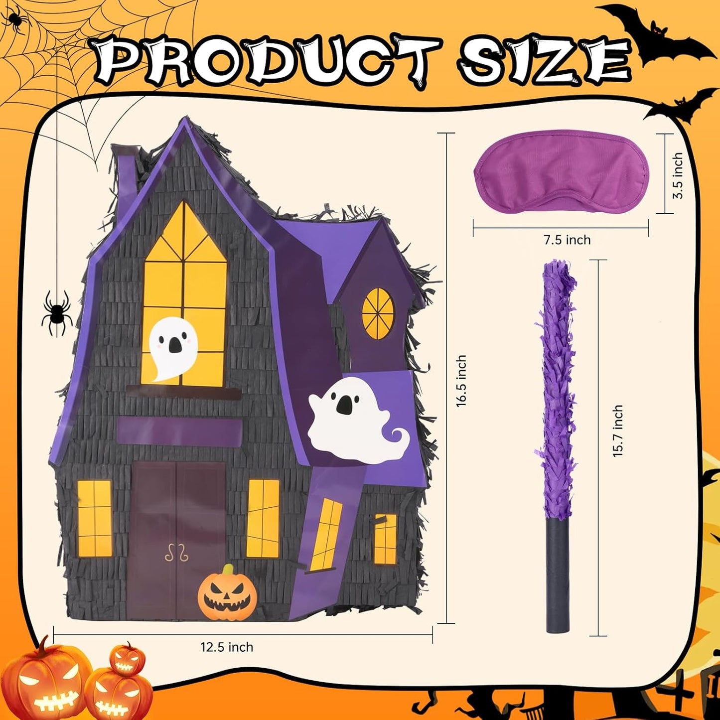 Halloween Haunted House Pinatas Bundle with a Blindfold and Bat (16x12.5x4 Inches), Ghost Castle Pinata, Party Games and Decoration