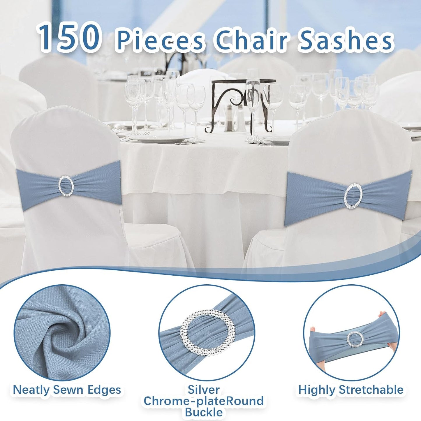 CHENGU 150 Pieces Spandex Stretch Chair Sashes Bows Elastic Chair Cover Bands Ties with Buckle Slider for Wedding Party Reception Events Universal Ceremony Banquet Decorations(Dusty Blue)