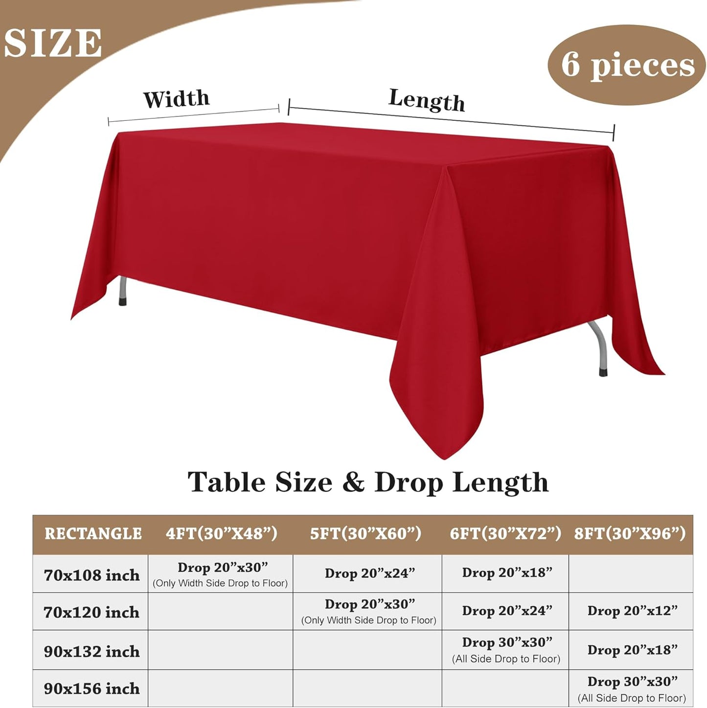Fitable Red Tablecloths for Rectangle Tables, 6 Pack - 70 x 120 Inches - Reusable and Washable Table Clothes for 6-8 Ft Tables, Polyester Fabric Table Covers for Wedding, Party, Banquet