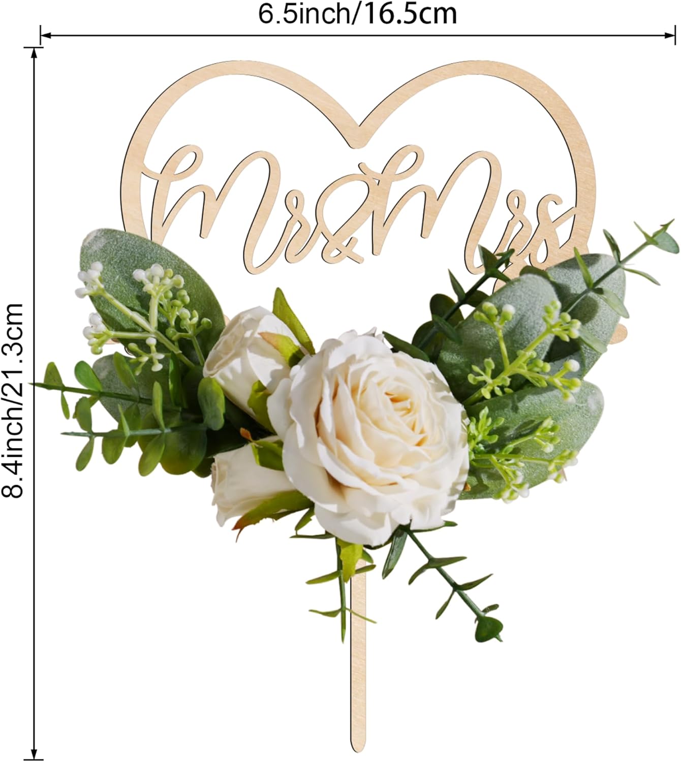 Mr & Mrs Wedding Cake Topper in Wood Heart Cake Topper with Flowers and Leaves