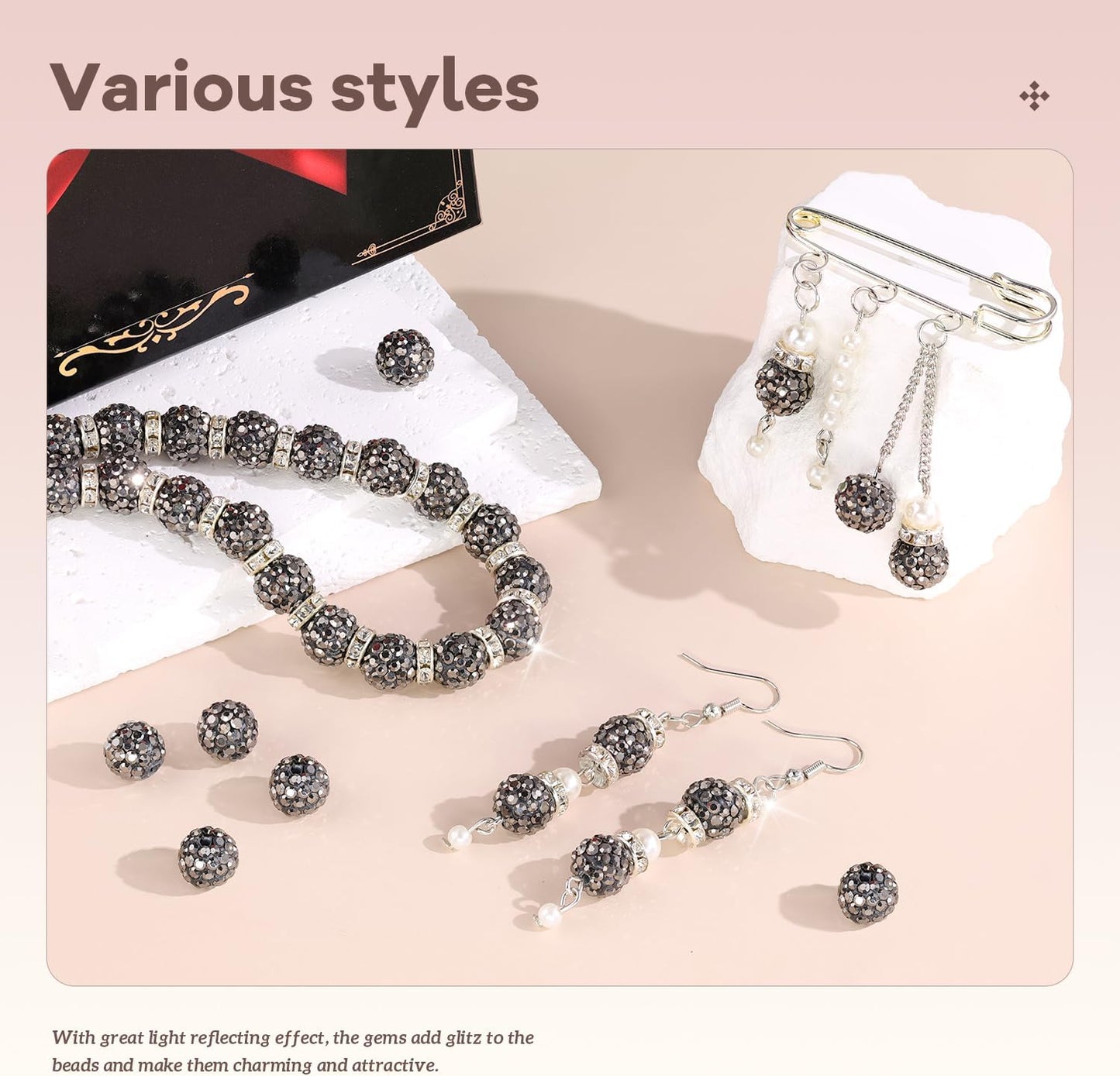 200pcs 10mm Rhinestone Beads for Jewelry Making, Hematite Shiny Round Disco Ball Beads Bulk, Sparkle Crystal Clay Christmas for Bracelet Baseball Necklace Earring Crafting and DIY