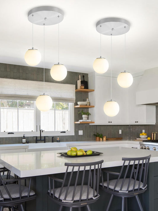 Globe Glass Pendant Light Modern Silver White Globe Glass Chandelier Mid Century Chandelier 3-Light Hanging Fixture for Kitchen Island Foyer Hallway Dining Room