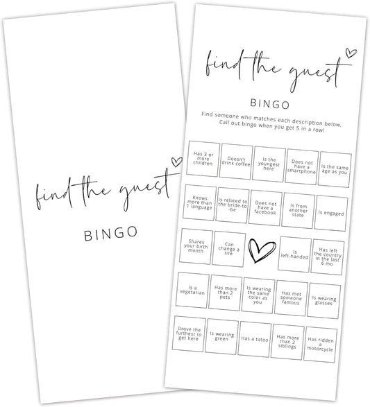 Bridal Shower Games, Find The Guest Bingo, 25Pcs 4x9inch Minimalist White Double-Sided Bridal Game Cards, Wedding Shower Games for Guests, Engagement Bachelorette Party Supplies - A16