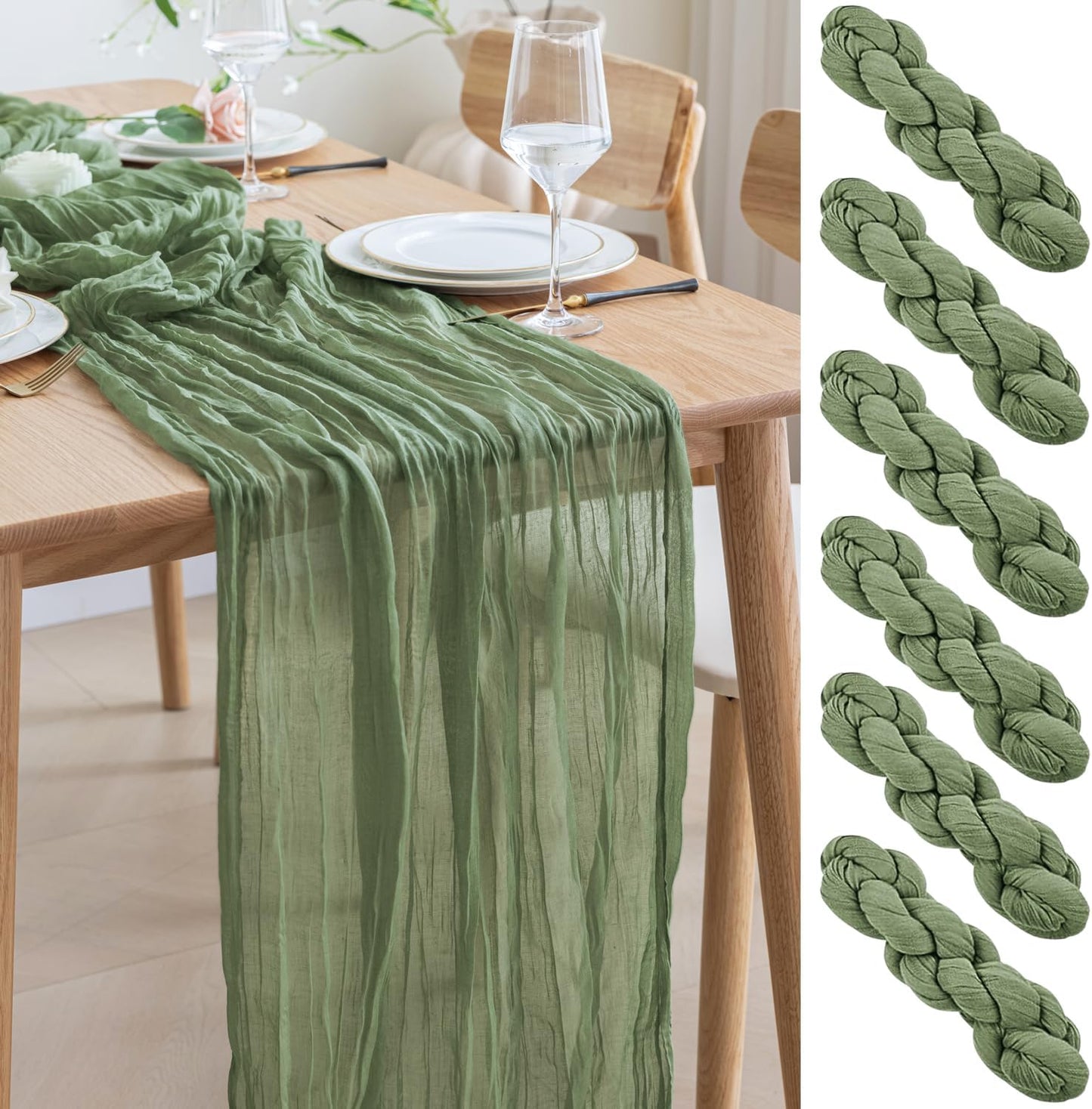 Asee'm 6pcs Cheesecloth Table Runner 120 Inches Sage Green Boho Gauze Cheese Cloth Runner 10FT Rustic Sheer Table Runners for Summer Wedding Baby Shower Holiday Party Decoration