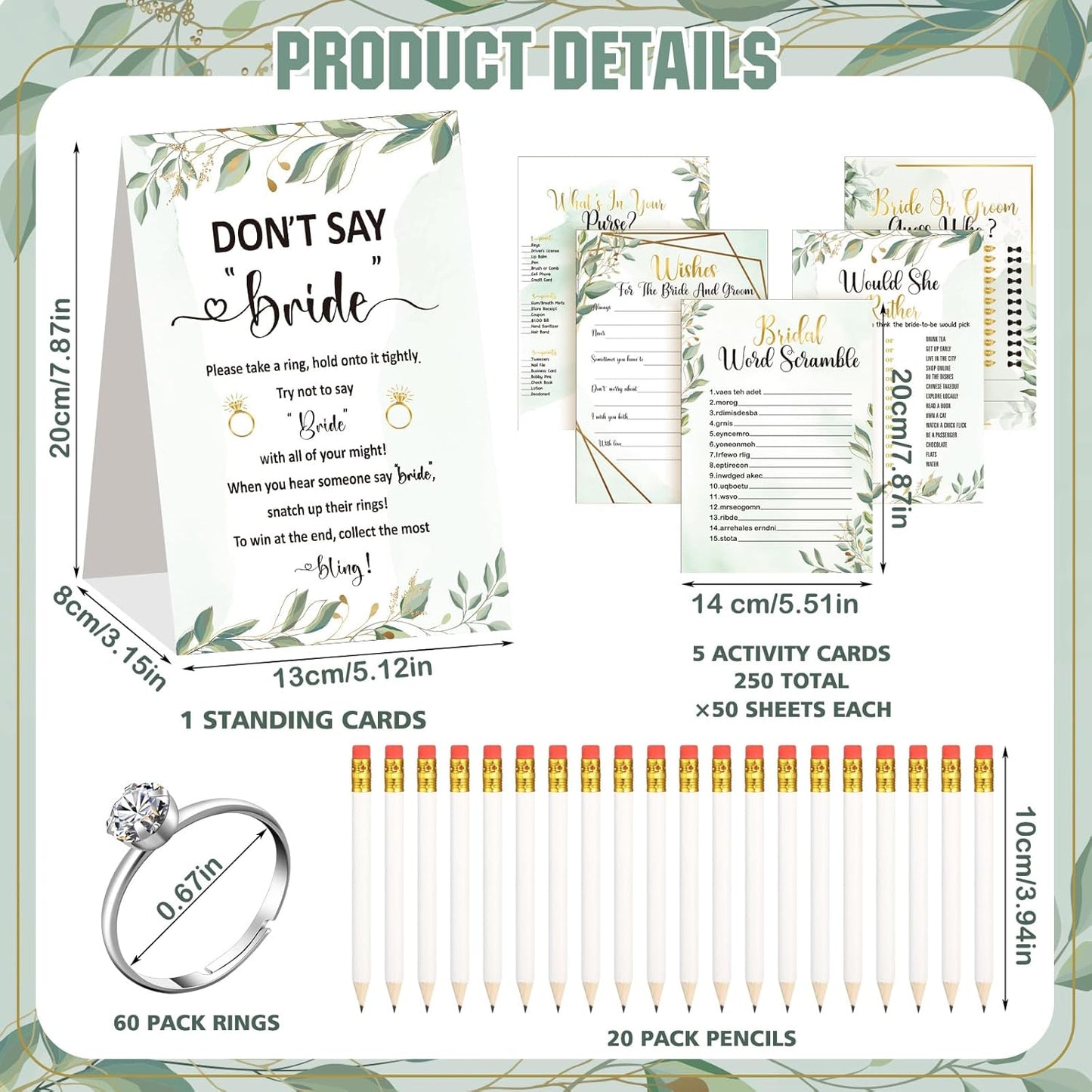 Estune 331 Pcs Bridal Shower Games Supplies, 5 Sets 250 Pcs Wedding Cards 1 Put a Ring on It Bridal Shower Games with 60 Rings and 20 Pencils(Green Leaves)