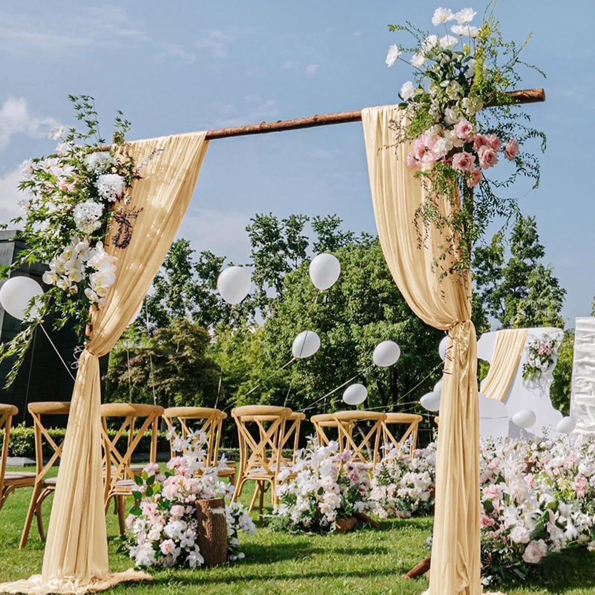 Champagne Gold Wedding Arch Draping Fabric 2 Panels 29" x 20 FT Wedding Drapes for Backdrop Sheer Curtains Drapes for Romantic Bridal Baby Shower Ceremony Birthday Party Fall Outdoor Events