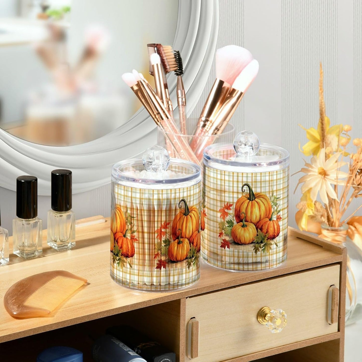 Gredecor 4 Pack Apothecary Jars with Lid Pumpkins Gingham Plaid Qtip Holder Dispenser Storage Containers Clear Plastic Rustic Fall Autumn Thanksgiving Theme Canisters for Bathroom Vanity Organization