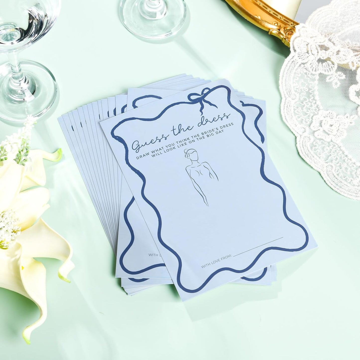 DEEKA 30 PCS Bridal Shower Games Card for 30 Guests Blue Wavy Border Ribbon Bow Funny Wedding Bachelorette Party Games for Reception (Guess The Dress)