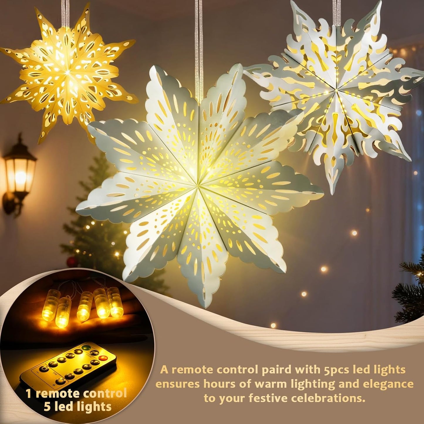 5 Pcs Christmas Paper Snowflake Lanterns, Large 3D Christmas Paper Star Lanterns with LED Lights, White Silver Hanging Snowflake Lamps for Xmas Winter Frozen Weddings Holiday Party Decorations
