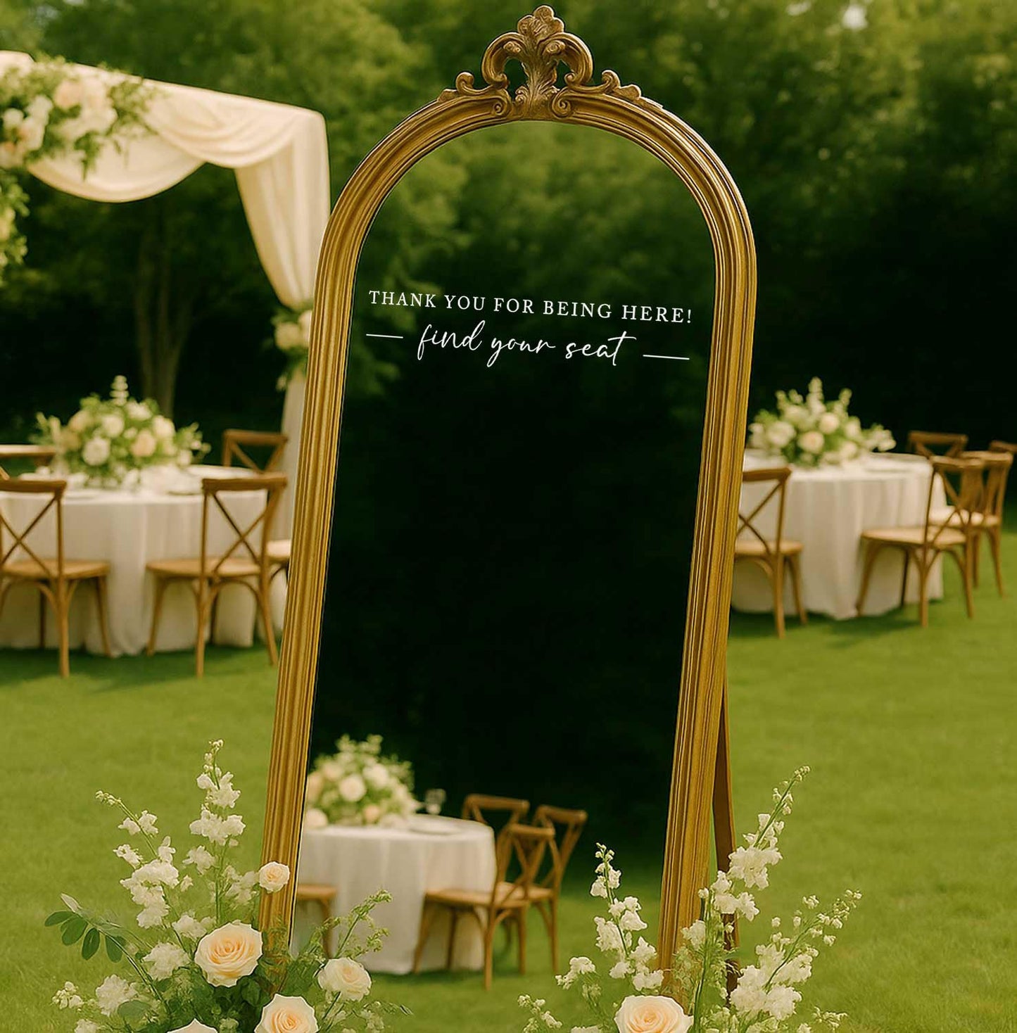 Seating Chart Sign, Wedding Mirror Decal, Thank You for Being Here Find Your Seat, Wedding Seating Chart Header Vinyl Decal, Your Seat Awaits Wedding Sign Decal, Mirror Sticker for Seating (White, Wide 20")
