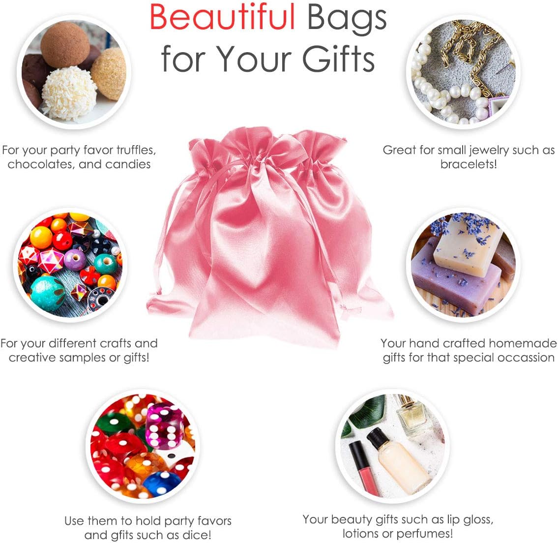 Knitial 6" x 9" Light Pink Satin Gift Bags, Jewelry, Wedding Favor Silky Drawstring Bags Baby Shower Christmas 50 Count