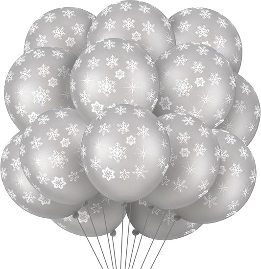 Skylety 40 Pieces Snowflake Balloons Bulk Winter Transparent Snowflake Latex Balloons for Christmas Birthday Wedding Party Decorations (Silver)