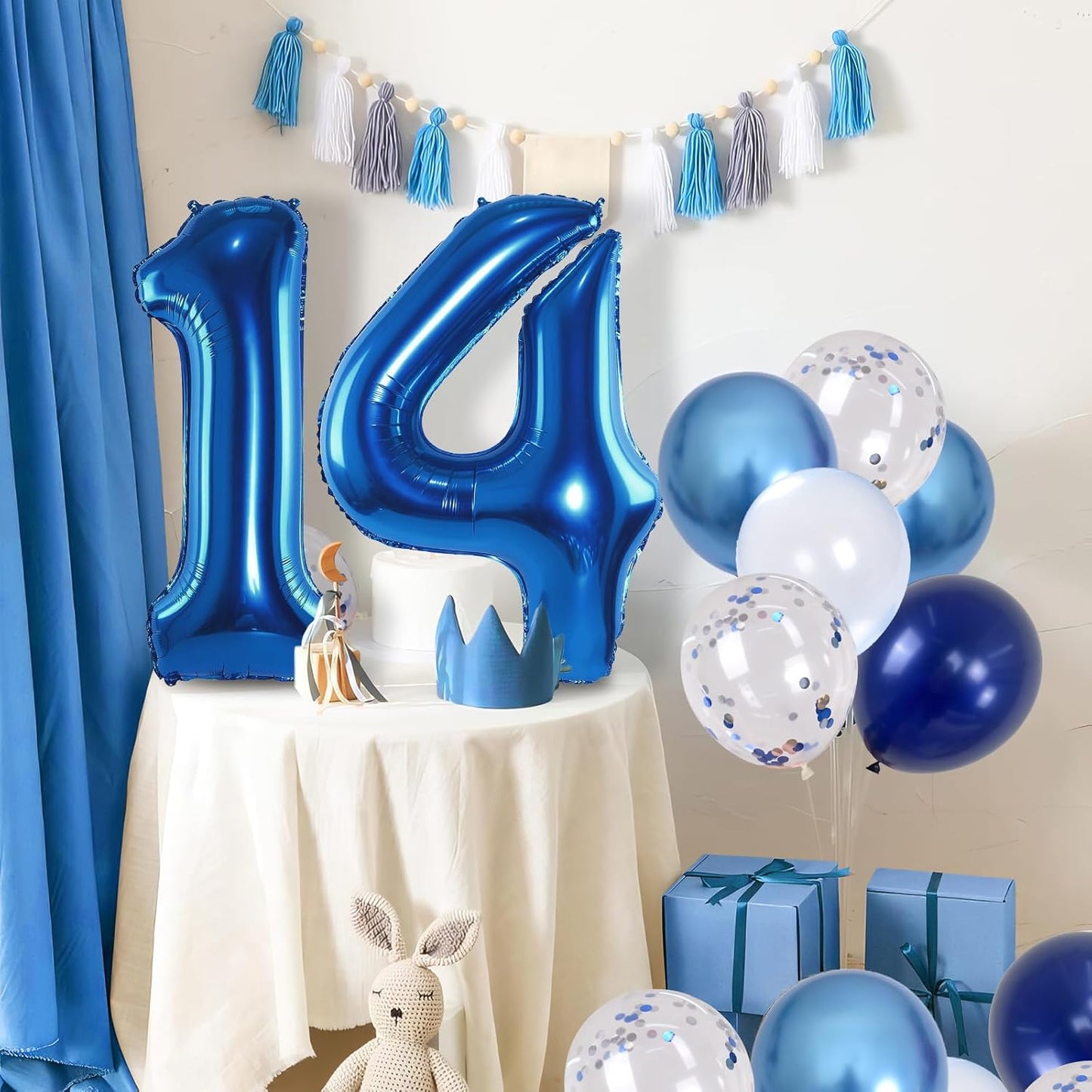 Large Foil Number 14 Balloons, Big Light Navy Blue 14 Helium Balloon with Metallic Silver Confetti Balloon for Boy 14th Birthday Party Decor, Mylar Self Inflating 14 Balloon for Graduation Decorations